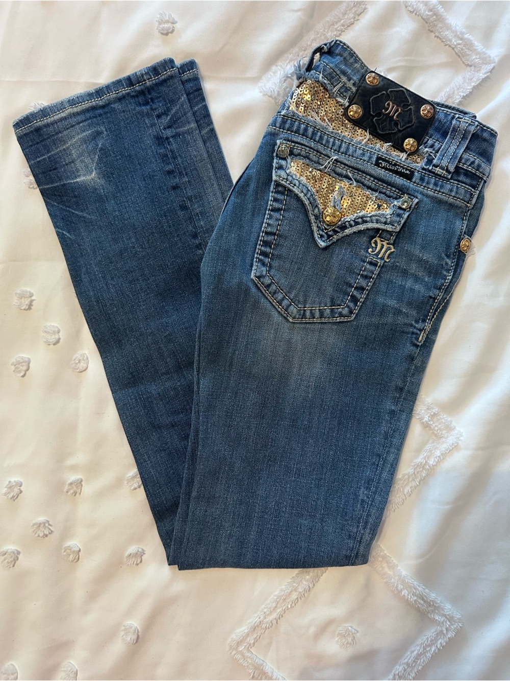 Miss Me Dark Blue Boot Cut Jeans with Gold Sequin Accents
